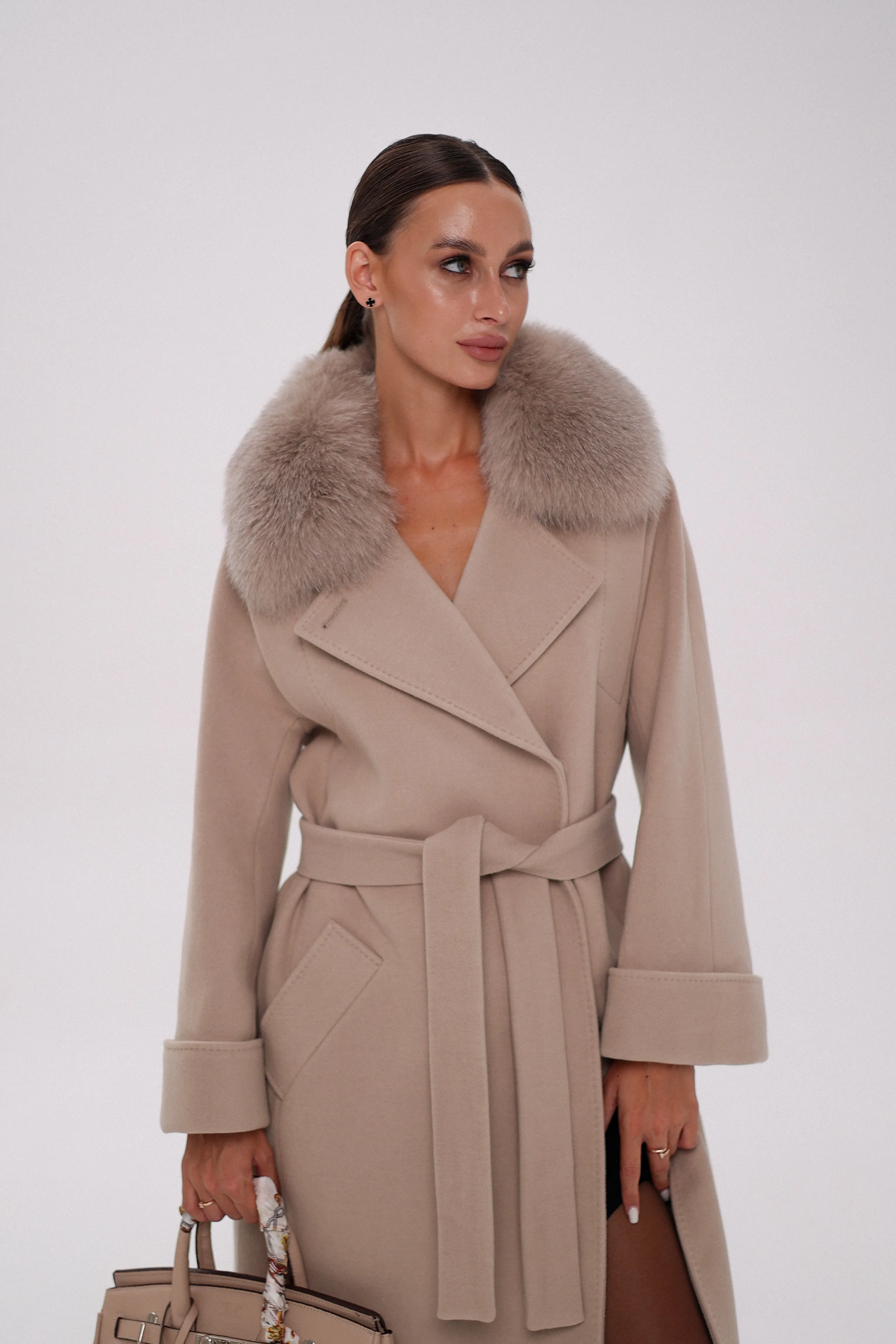 Florence Genuine Polar Fox Cashmere Wool Blend Overcoat