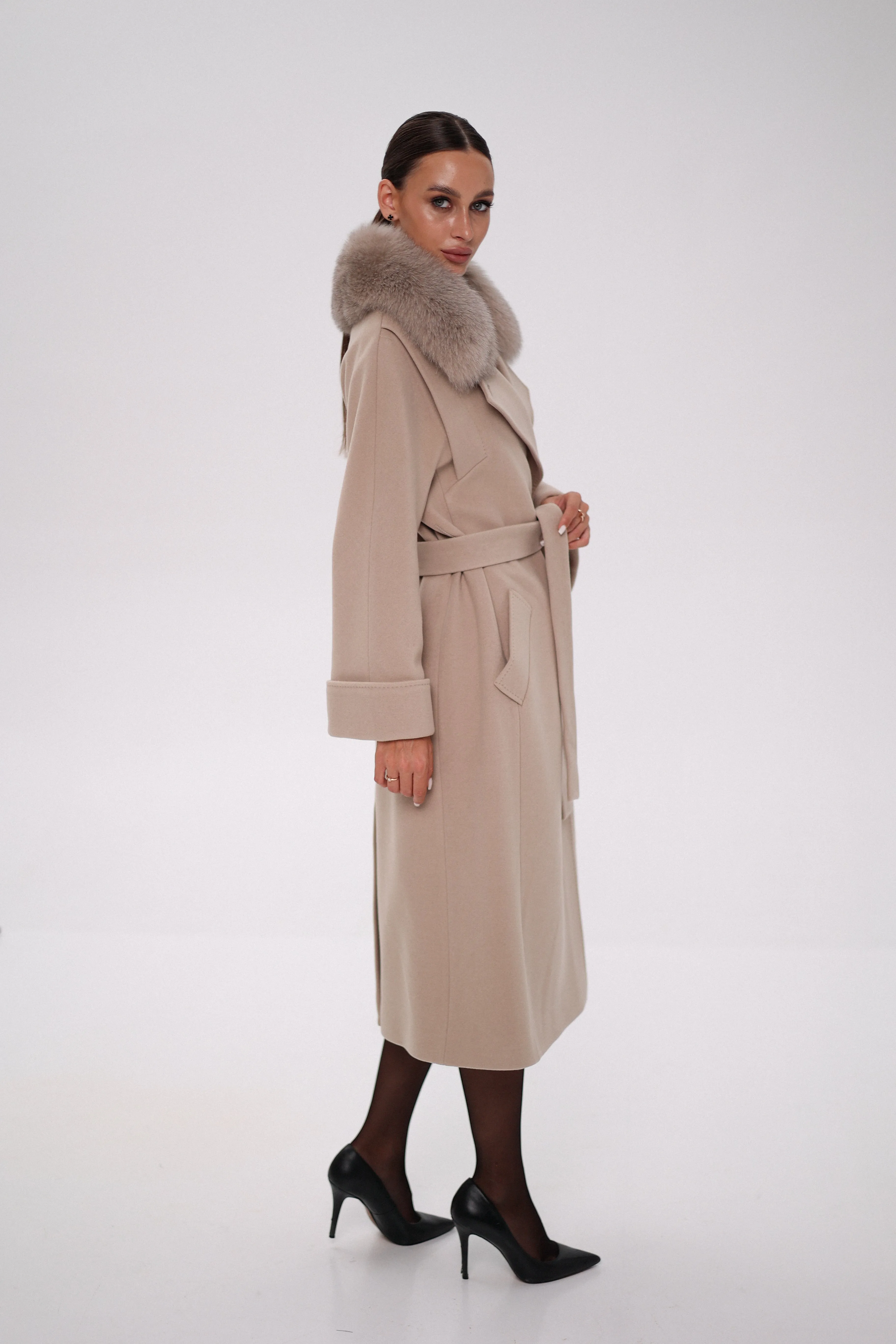 Florence Genuine Polar Fox Cashmere Wool Blend Overcoat