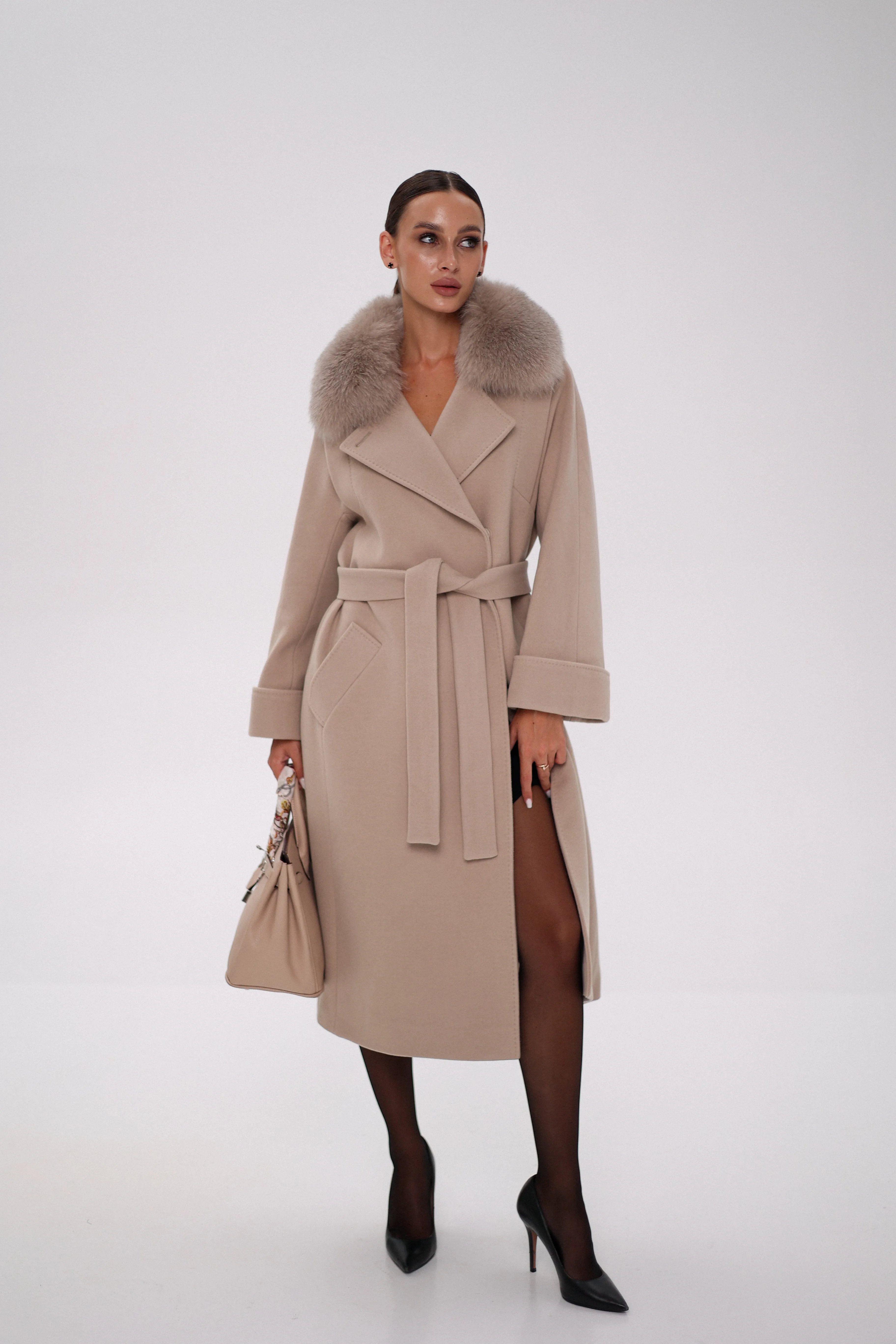 Florence Genuine Polar Fox Cashmere Wool Blend Overcoat