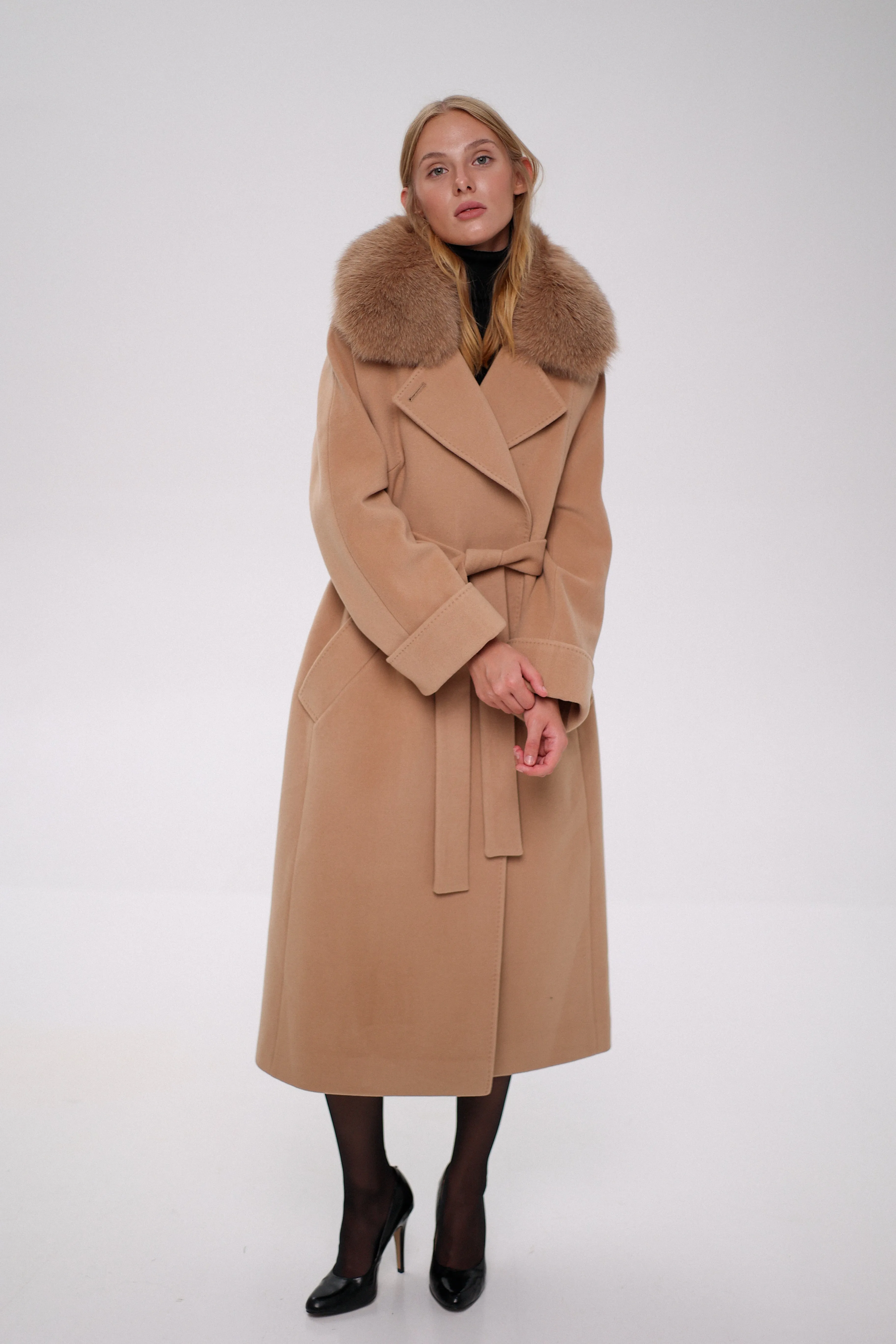 Florence Genuine Polar Fox Cashmere Wool Blend Overcoat