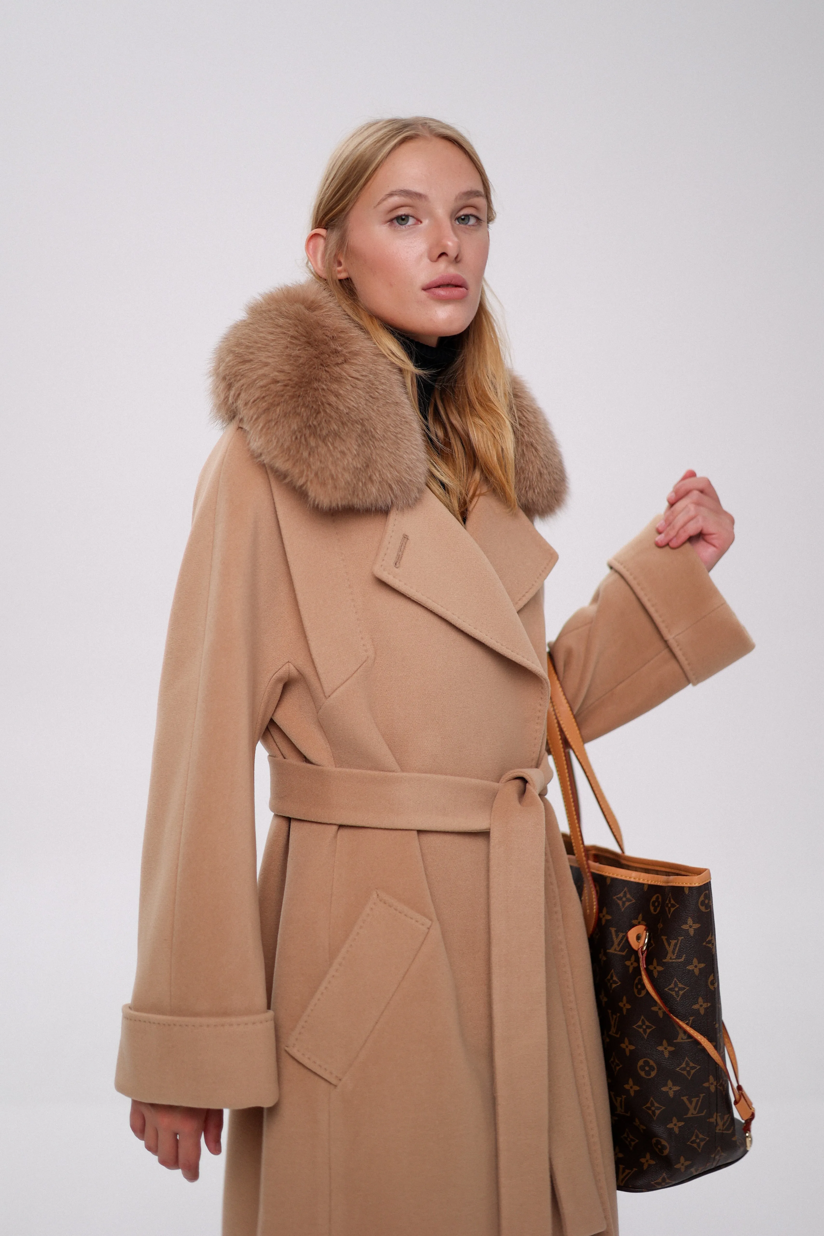 Florence Genuine Polar Fox Cashmere Wool Blend Overcoat