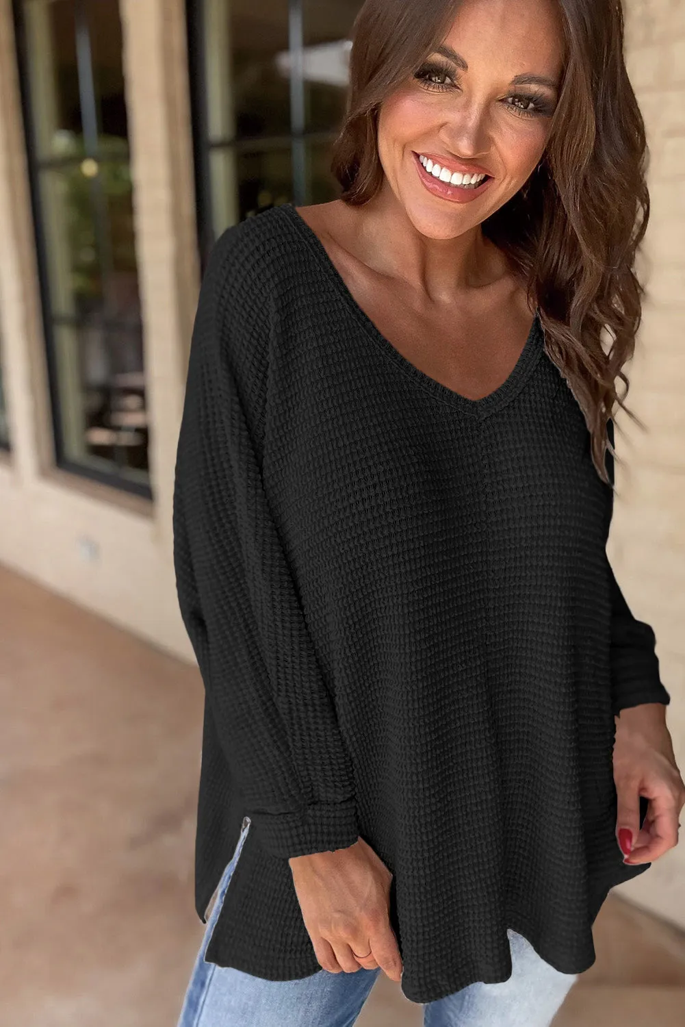 Gothic Outlaws' Rose Red Waffle Knit V Neck Top with Side Slits – Perfect for the Bold & the Brave
