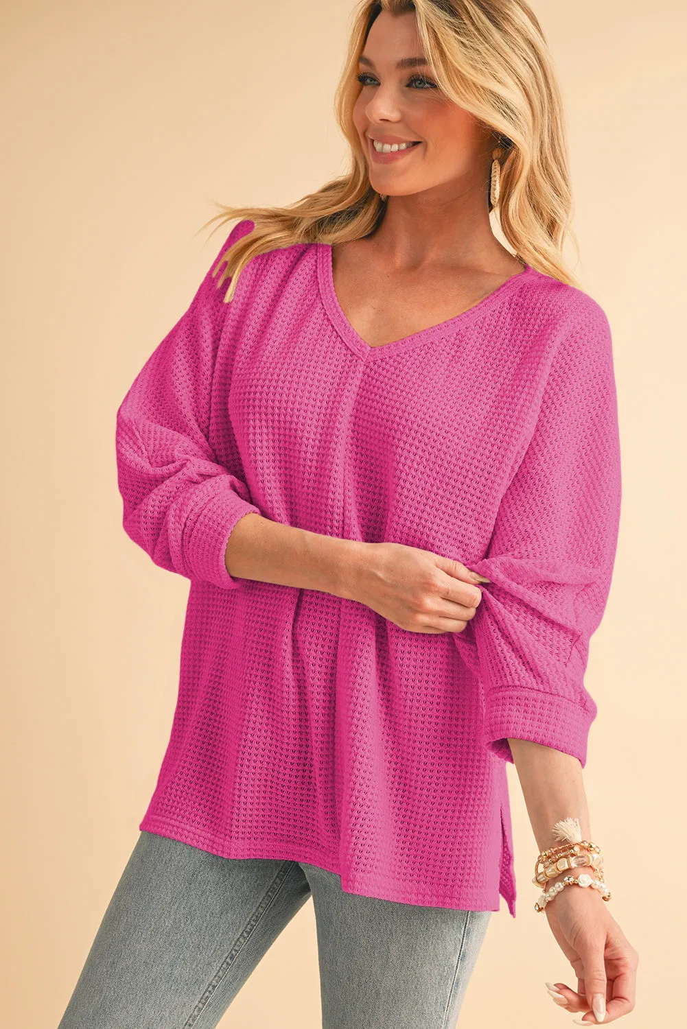Gothic Outlaws' Rose Red Waffle Knit V Neck Top with Side Slits – Perfect for the Bold & the Brave