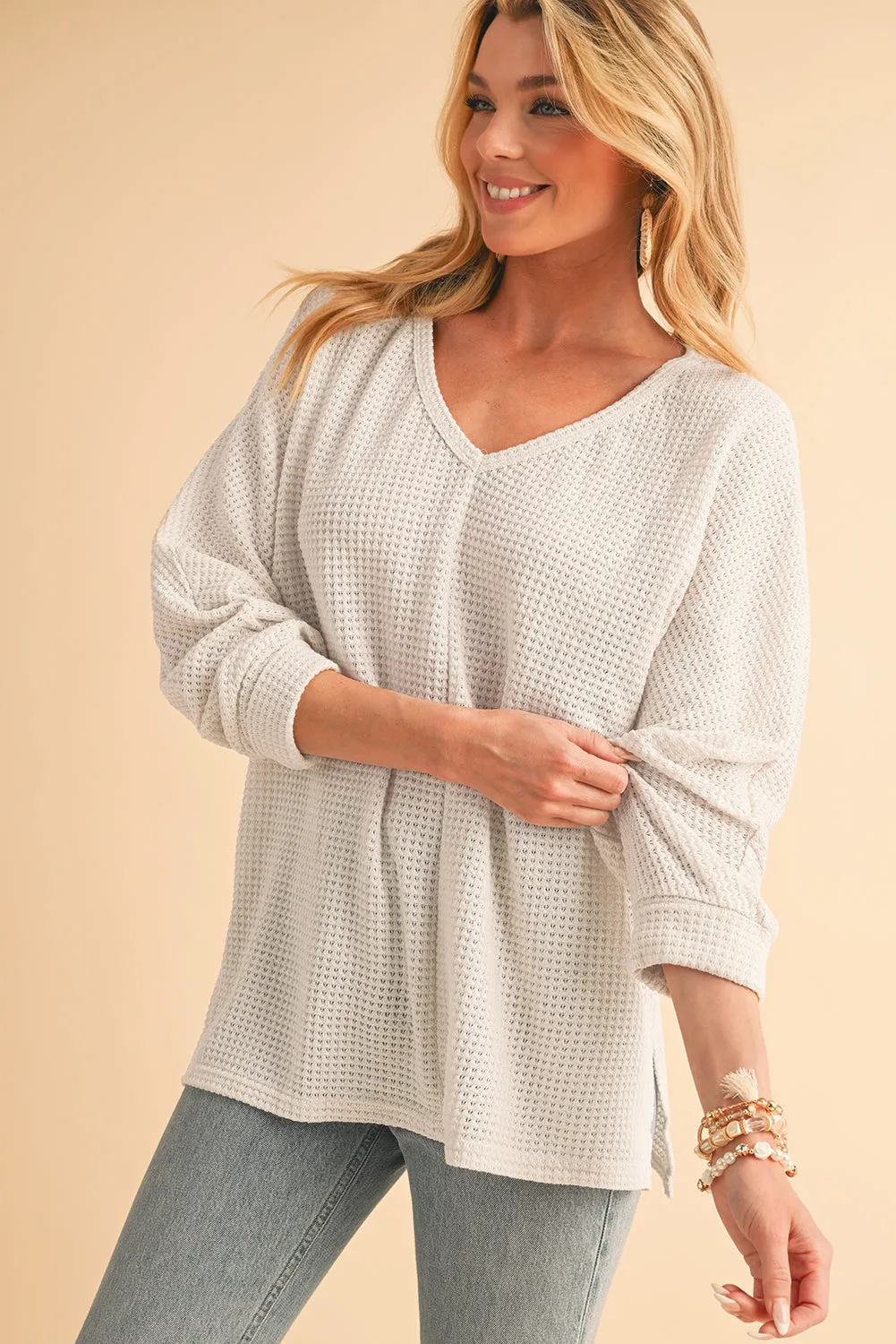 Gothic Outlaws' Rose Red Waffle Knit V Neck Top with Side Slits – Perfect for the Bold & the Brave