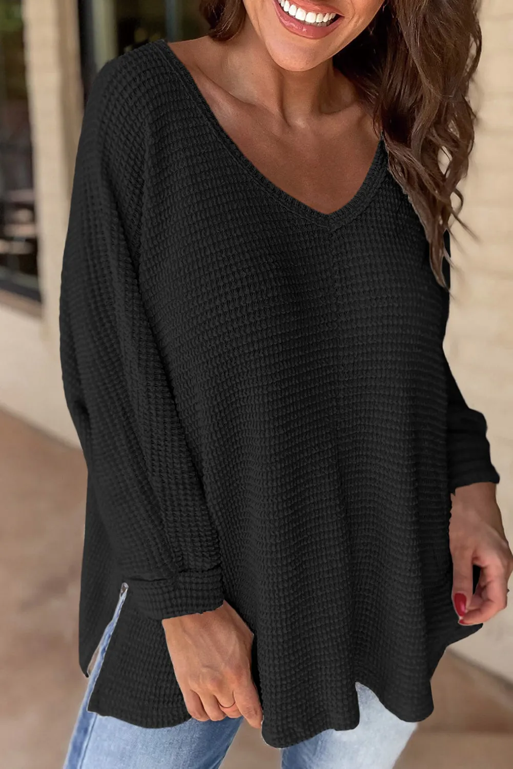 Gothic Outlaws' Rose Red Waffle Knit V Neck Top with Side Slits – Perfect for the Bold & the Brave