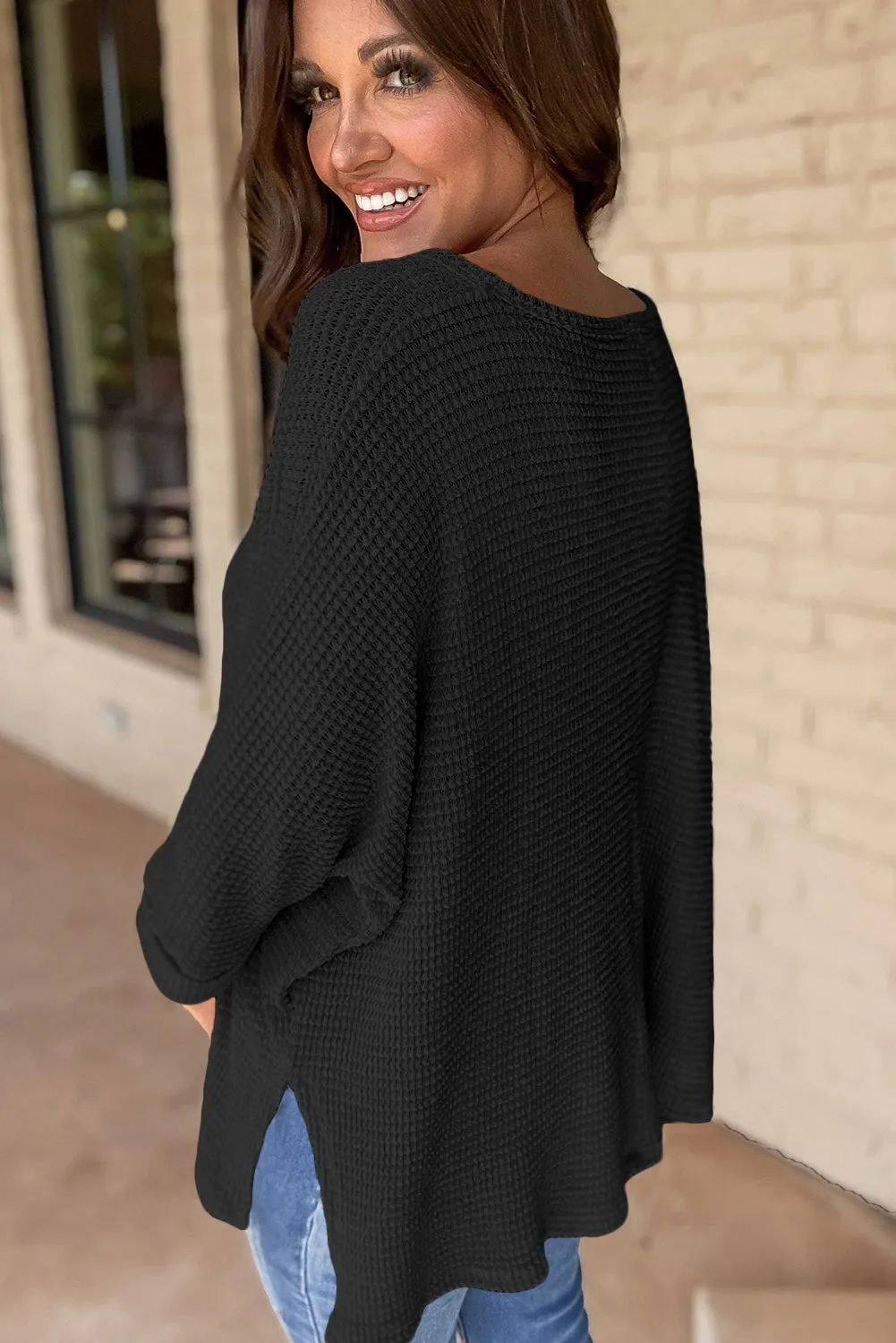 Gothic Outlaws' Rose Red Waffle Knit V Neck Top with Side Slits – Perfect for the Bold & the Brave
