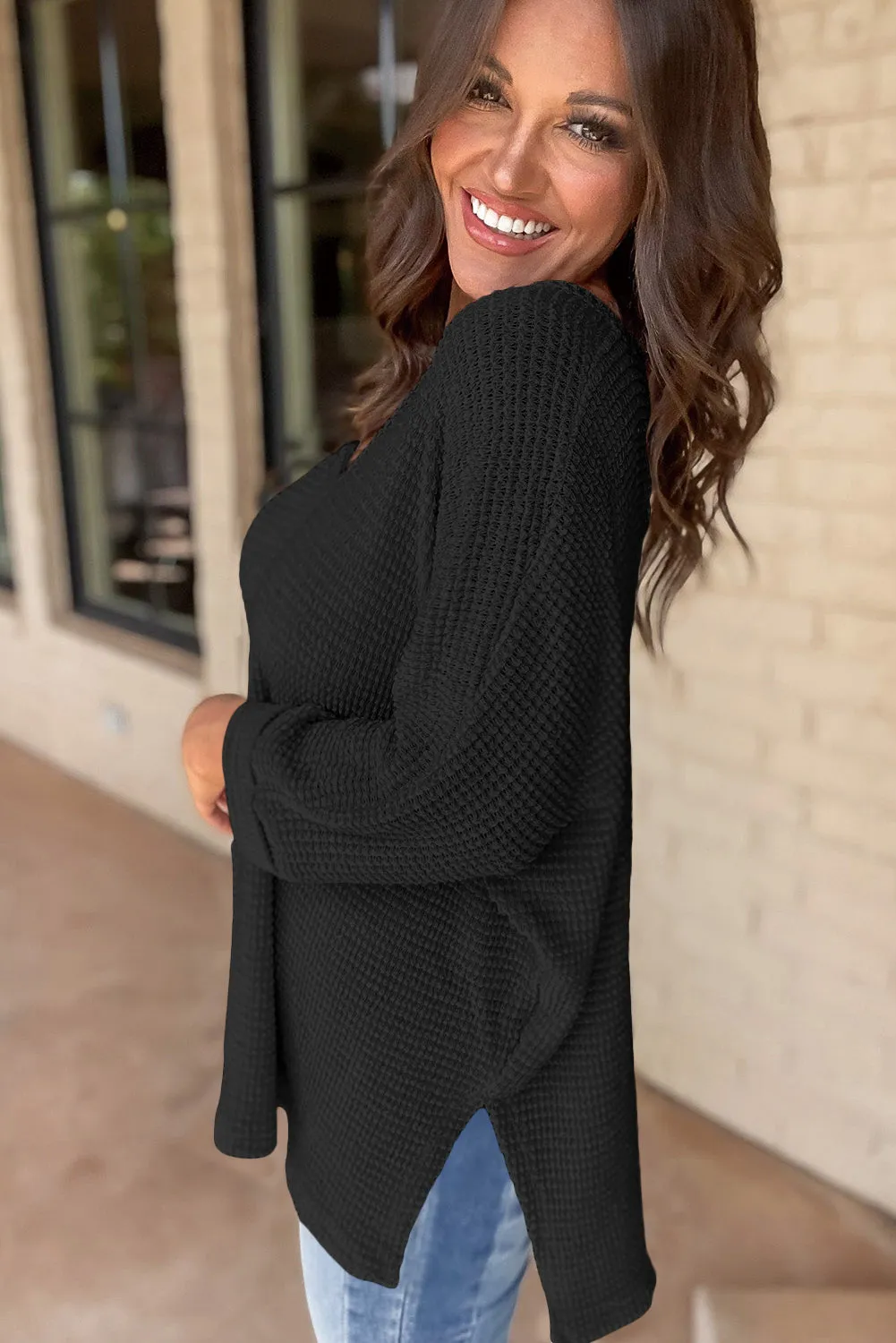 Gothic Outlaws' Rose Red Waffle Knit V Neck Top with Side Slits – Perfect for the Bold & the Brave