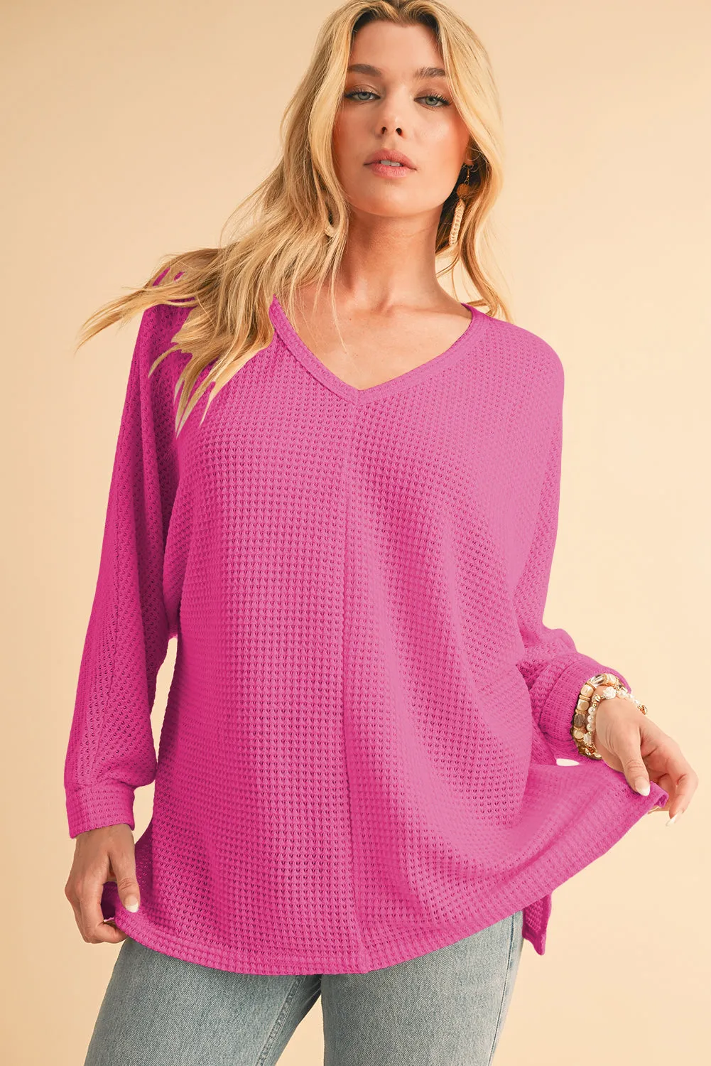 Gothic Outlaws' Rose Red Waffle Knit V Neck Top with Side Slits – Perfect for the Bold & the Brave