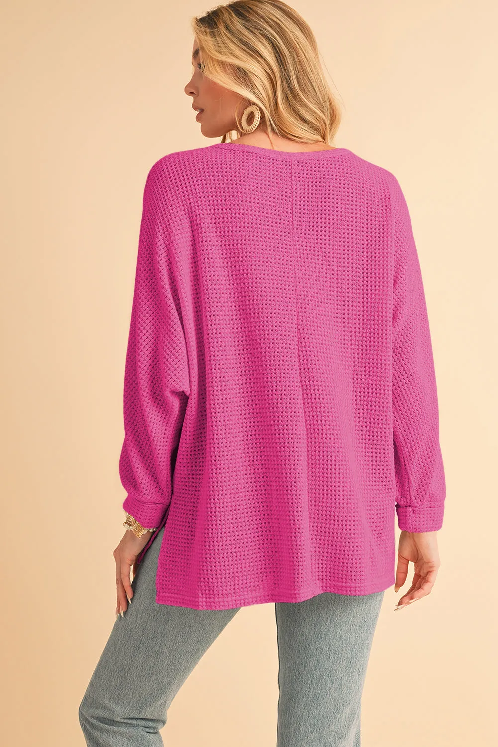 Gothic Outlaws' Rose Red Waffle Knit V Neck Top with Side Slits – Perfect for the Bold & the Brave