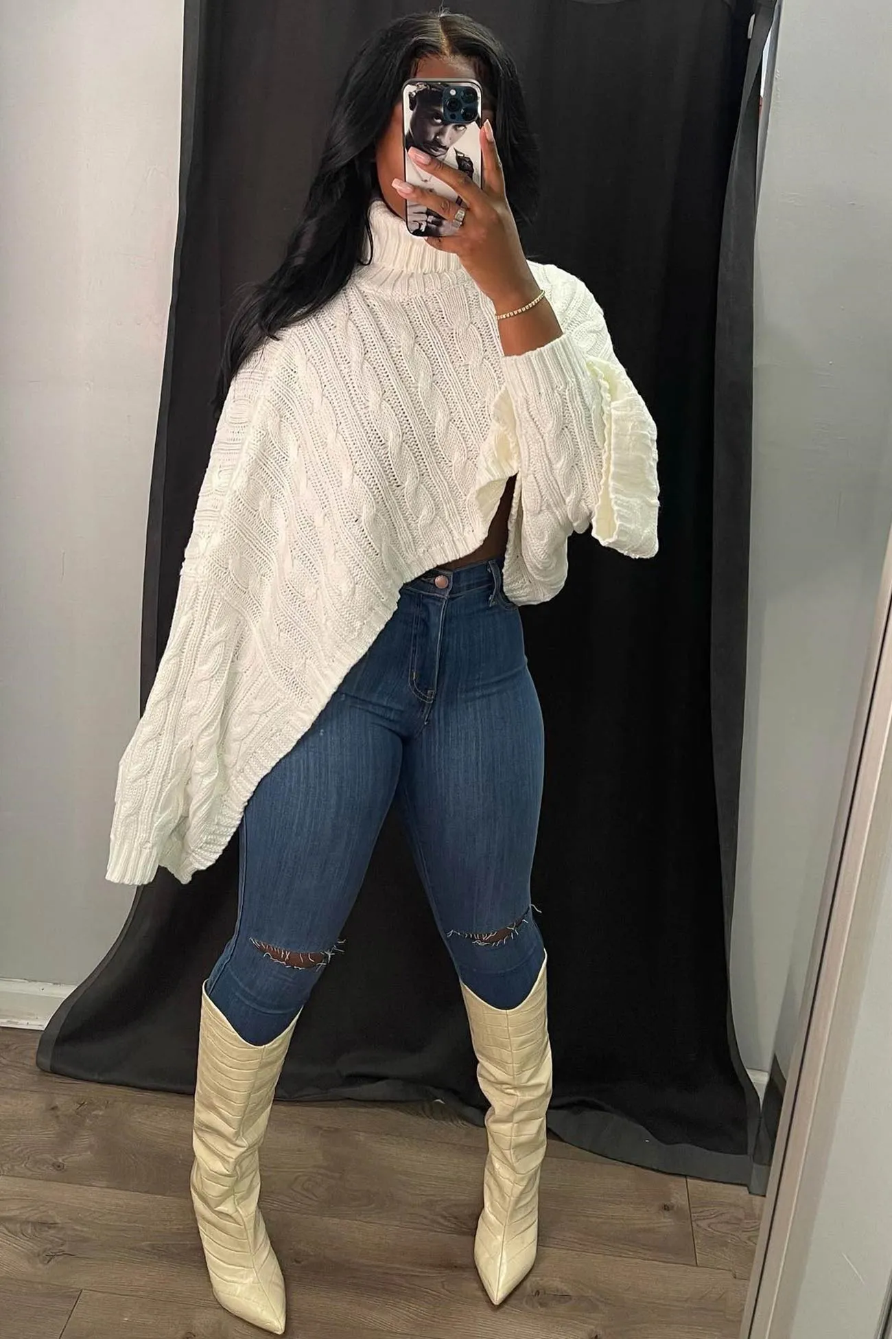 High Neck Irregular Shawl Sweater