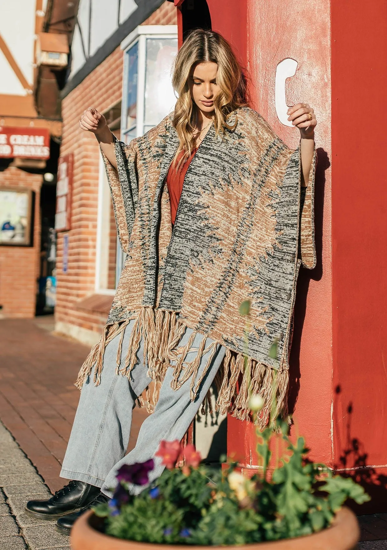 Jacquard Printed Kimono Poncho Sweater