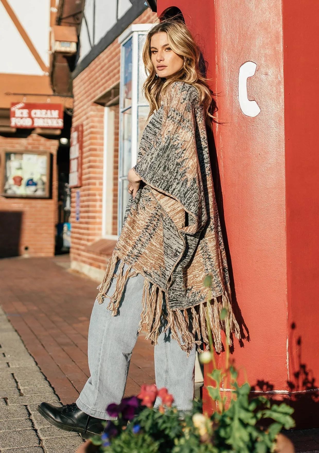 Jacquard Printed Kimono Poncho Sweater