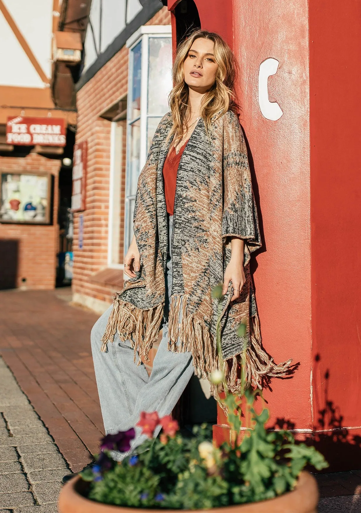 Jacquard Printed Kimono Poncho Sweater
