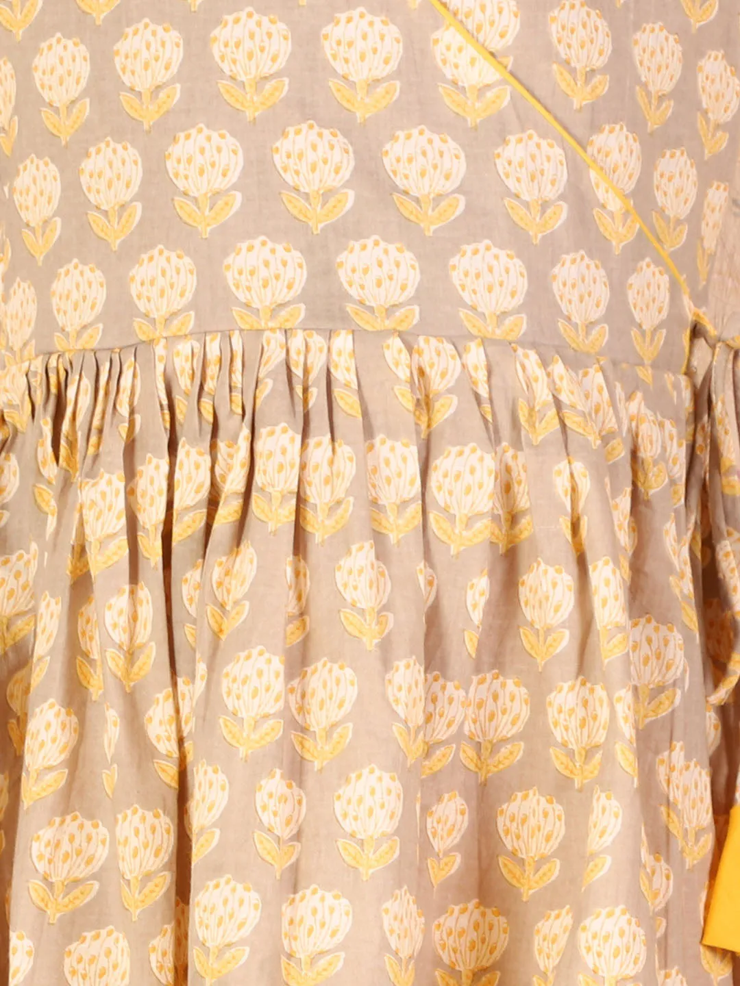Jashvi Girls Grey & Yellow Printed Angrakha Style Kurti with Pyjama