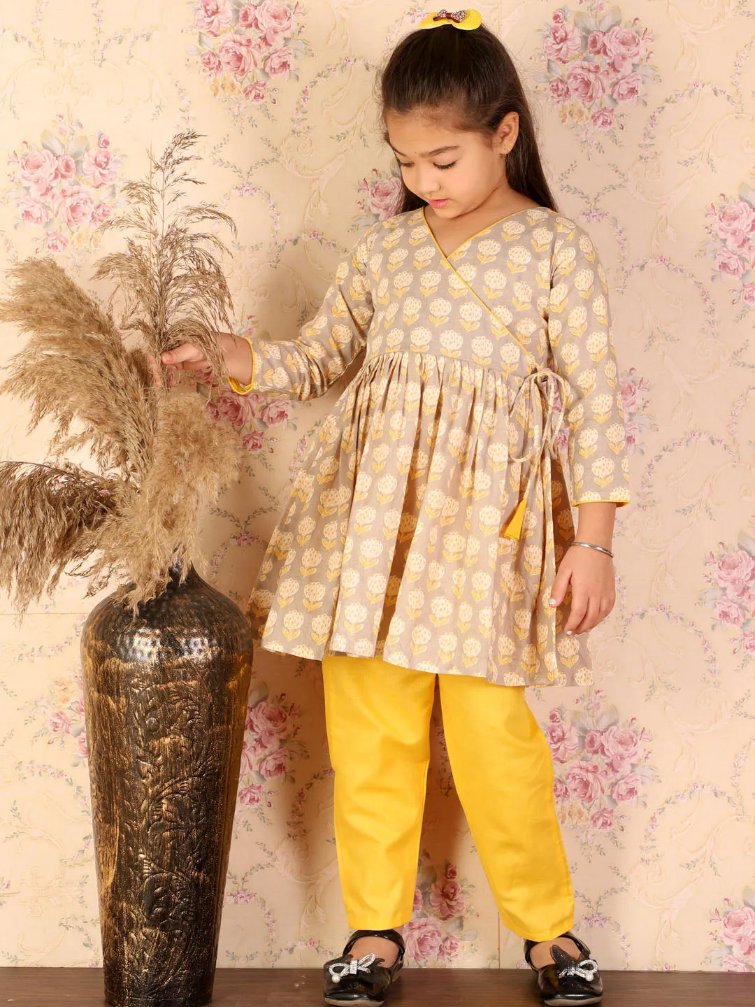 Jashvi Girls Grey & Yellow Printed Angrakha Style Kurti with Pyjama