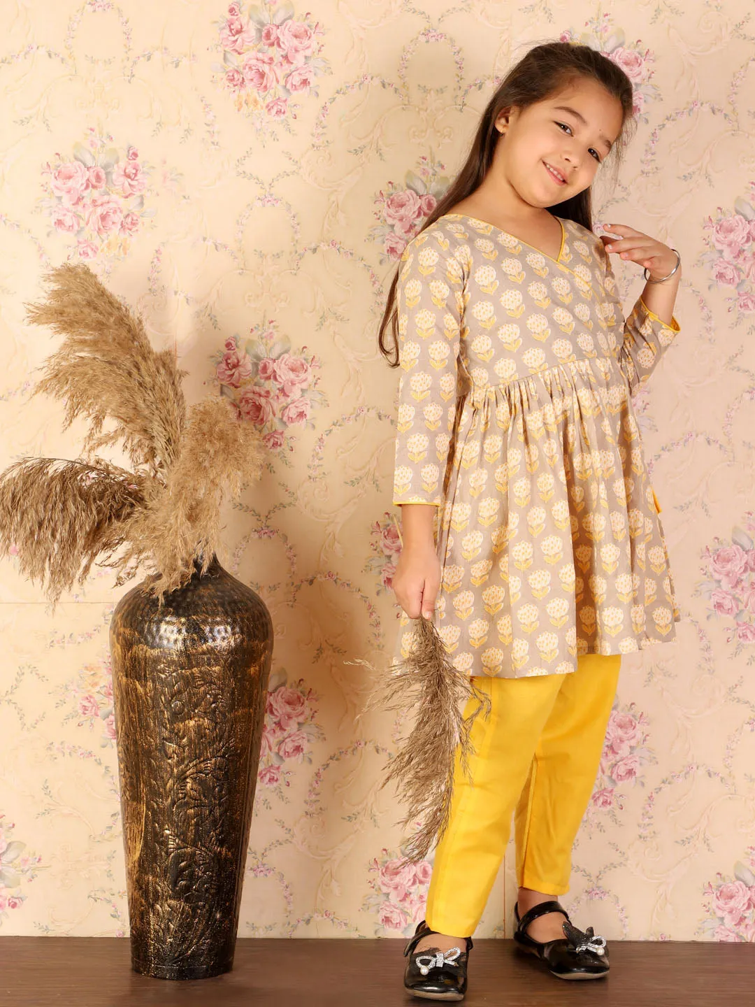 Jashvi Girls Grey & Yellow Printed Angrakha Style Kurti with Pyjama