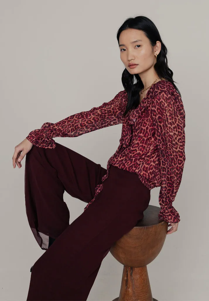 Joni Ruffle Neck Leopard Print Blouse In Burgundy