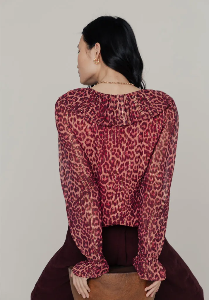Joni Ruffle Neck Leopard Print Blouse In Burgundy