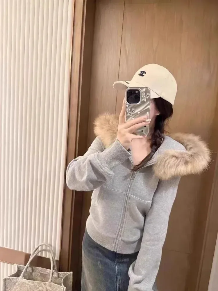 Joskaa American Retro Fur Collar Hooded Cardigan Coat Women Spring Autumn New Slim Fit Zipper Jackets Y2k Long Sleeve Sweatshirts