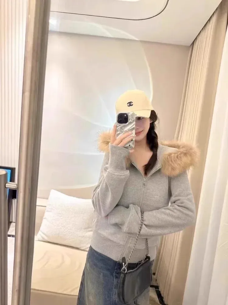 Joskaa American Retro Fur Collar Hooded Cardigan Coat Women Spring Autumn New Slim Fit Zipper Jackets Y2k Long Sleeve Sweatshirts