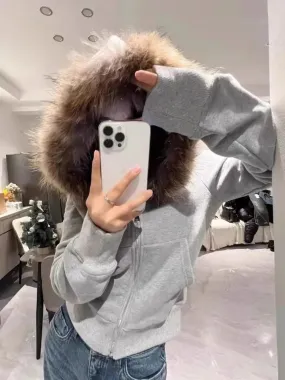 Joskaa American Retro Fur Collar Hooded Cardigan Coat Women Spring Autumn New Slim Fit Zipper Jackets Y2k Long Sleeve Sweatshirts