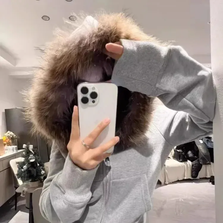 Joskaa American Retro Fur Collar Hooded Cardigan Coat Women Spring Autumn New Slim Fit Zipper Jackets Y2k Long Sleeve Sweatshirts