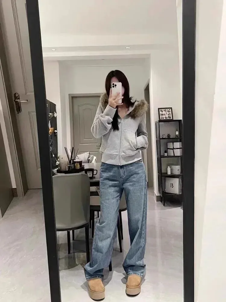 Joskaa American Retro Fur Collar Hooded Cardigan Coat Women Spring Autumn New Slim Fit Zipper Jackets Y2k Long Sleeve Sweatshirts