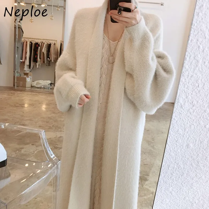 Joskaa Christmas Gift Loose Long Long Sleeves Warm Woman Sweater Korean Autumn and Winter Elegant Cardigan Caoat Imitation Mink Fur Sweaters