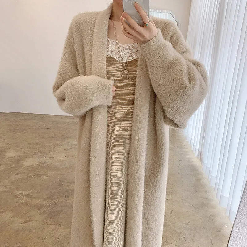 Joskaa Christmas Gift Loose Long Long Sleeves Warm Woman Sweater Korean Autumn and Winter Elegant Cardigan Caoat Imitation Mink Fur Sweaters