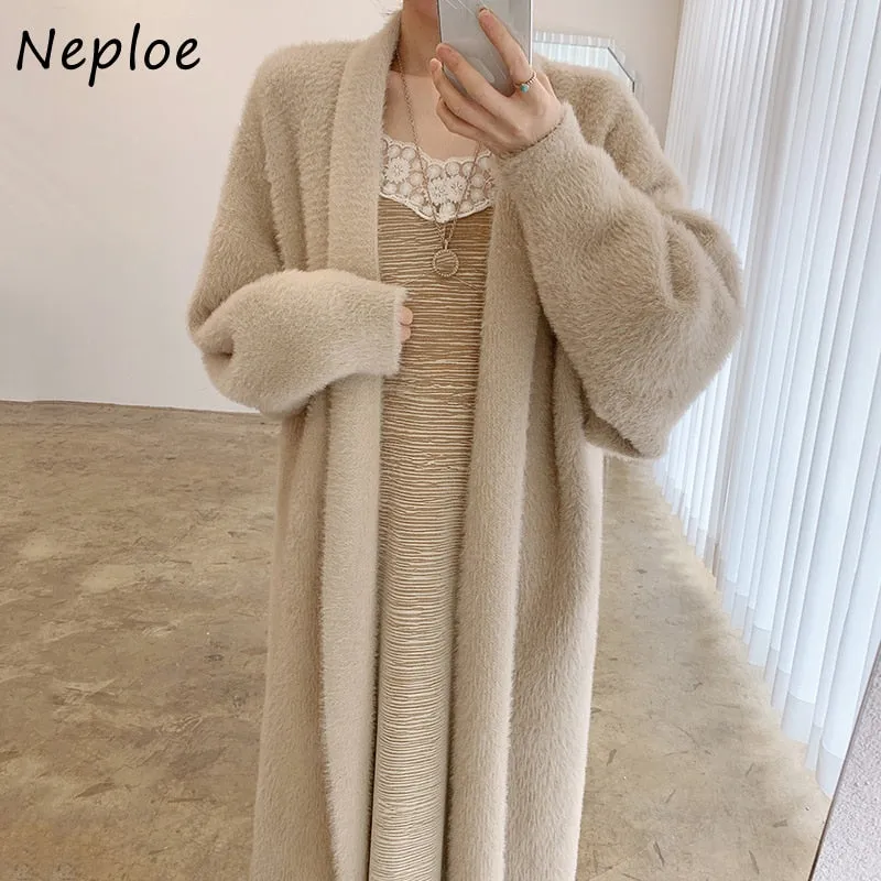 Joskaa Christmas Gift Loose Long Long Sleeves Warm Woman Sweater Korean Autumn and Winter Elegant Cardigan Caoat Imitation Mink Fur Sweaters