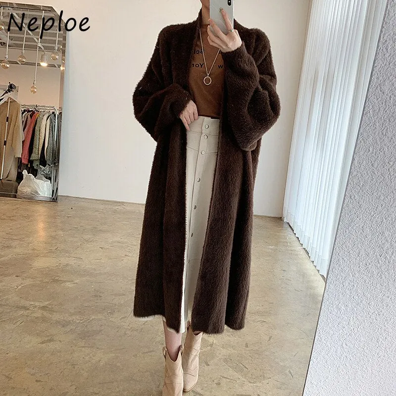 Joskaa Christmas Gift Loose Long Long Sleeves Warm Woman Sweater Korean Autumn and Winter Elegant Cardigan Caoat Imitation Mink Fur Sweaters