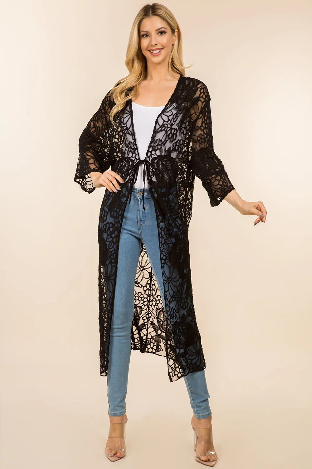 KP-4139 floral design lace long kimono