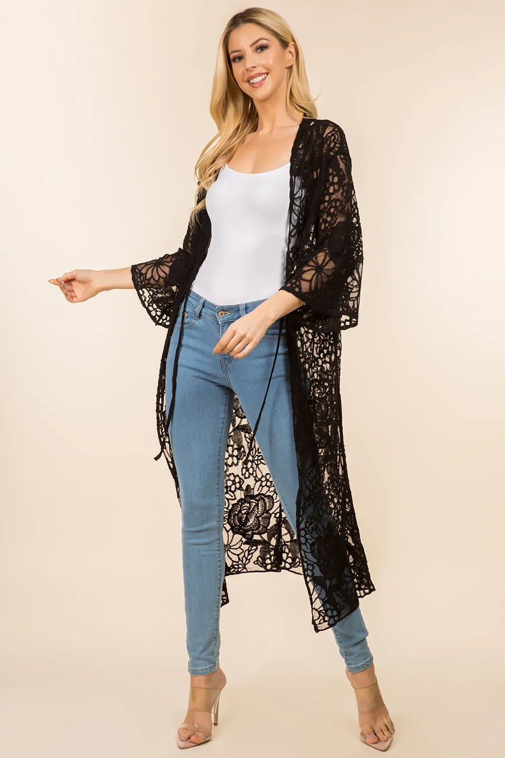 KP-4139 floral design lace long kimono
