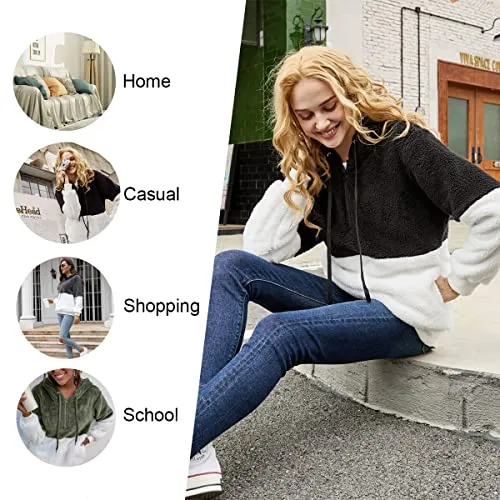 LONGYUAN Womens Sherpa Long Sleeve Sweatshirt Soft Warm Fleece Sweaters Hoodies Zipped Up Teddy Coat L Deep Pink White