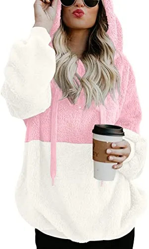 LONGYUAN Womens Sherpa Long Sleeve Sweatshirt Soft Warm Fleece Sweaters Hoodies Zipped Up Teddy Coat L Deep Pink White