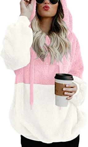 LONGYUAN Womens Sherpa Long Sleeve Sweatshirt Soft Warm Fleece Sweaters Hoodies Zipped Up Teddy Coat L Deep Pink White