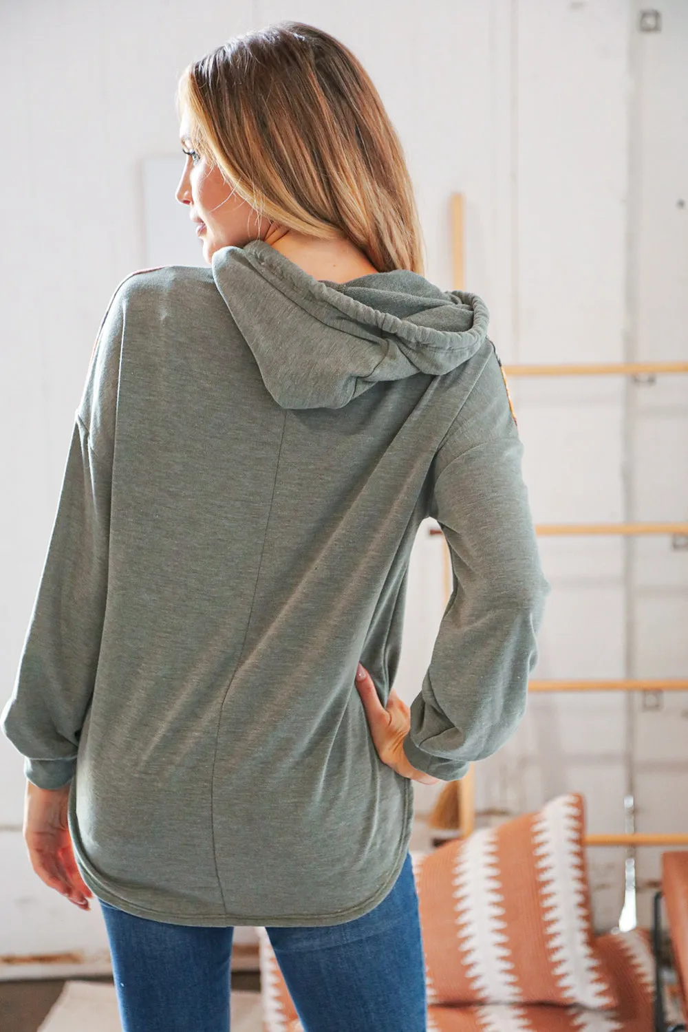 Moss Multi Plaid Patchwork Yoke Cut-Out Hoodie