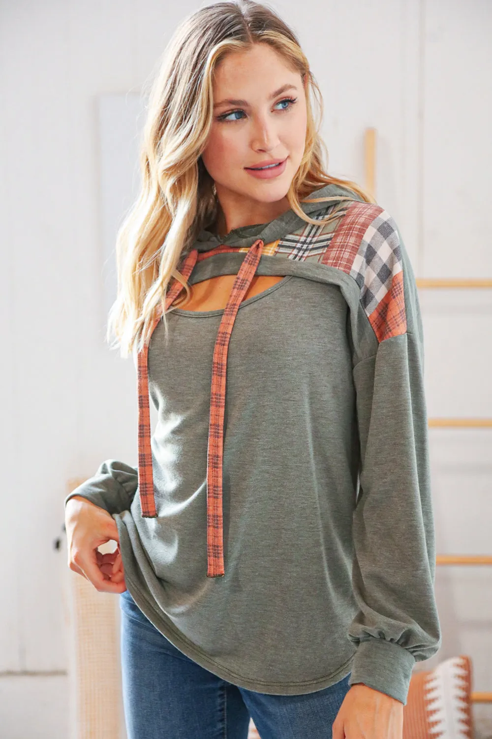 Moss Multi Plaid Patchwork Yoke Cut-Out Hoodie