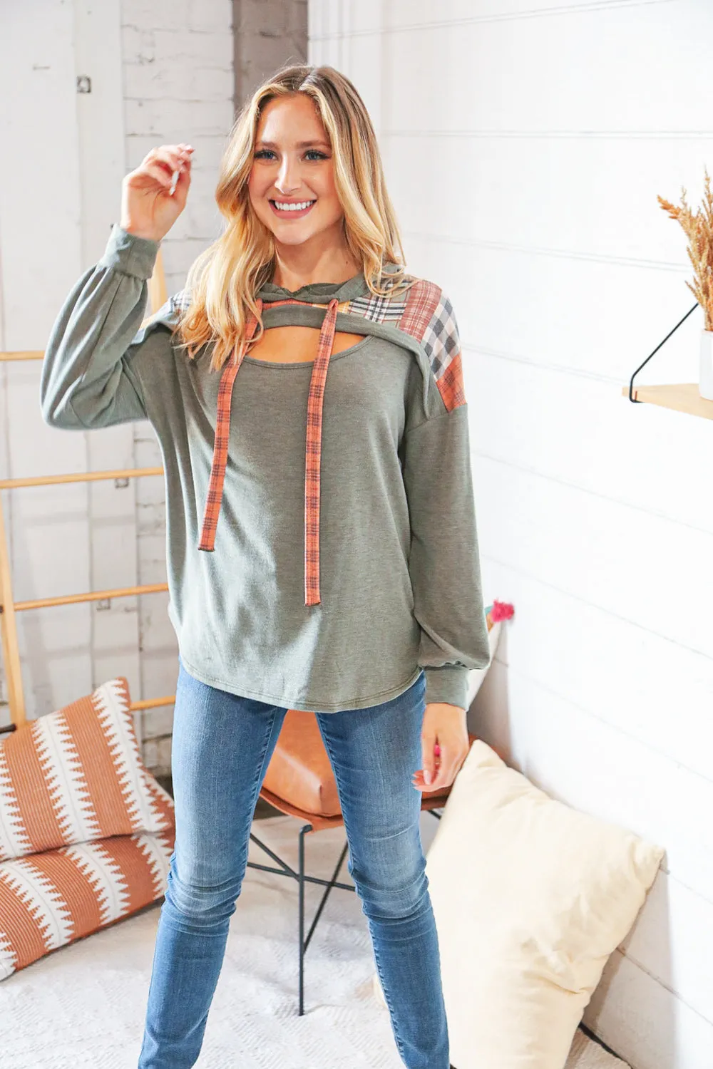 Moss Multi Plaid Patchwork Yoke Cut-Out Hoodie