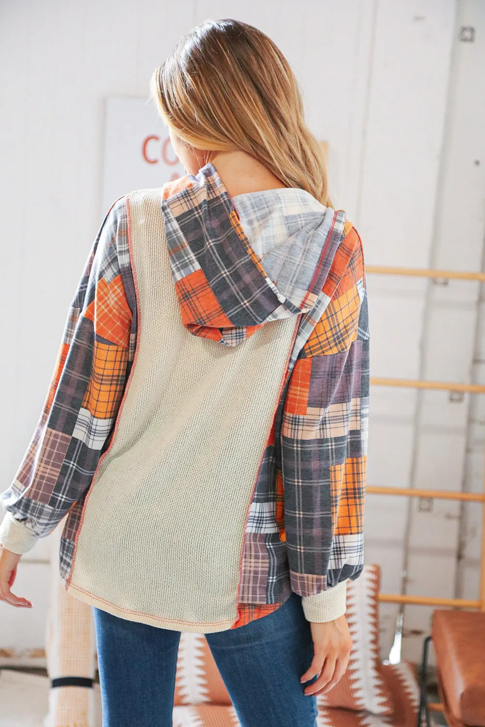 Multi Plaid Patchwork Waffle Button Placard Hoodie