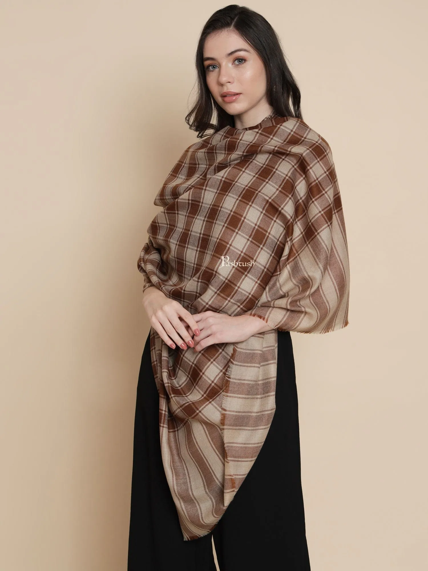 Pashtush Womens, Extra Fine Wool, Checkered Bold Woven, Coffee