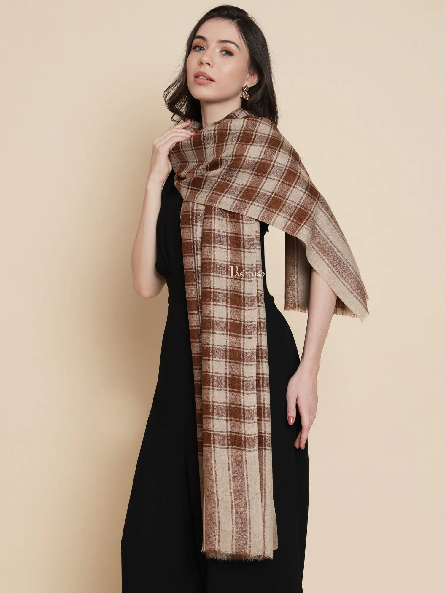 Pashtush Womens, Extra Fine Wool, Checkered Bold Woven, Coffee