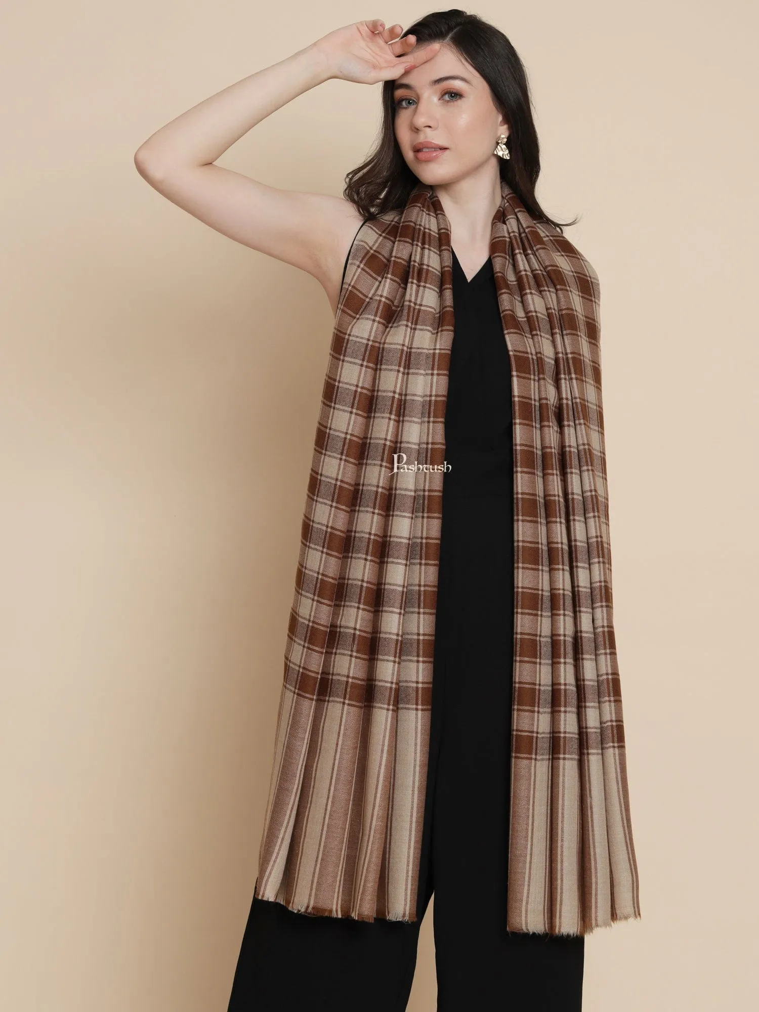 Pashtush Womens, Extra Fine Wool, Checkered Bold Woven, Coffee