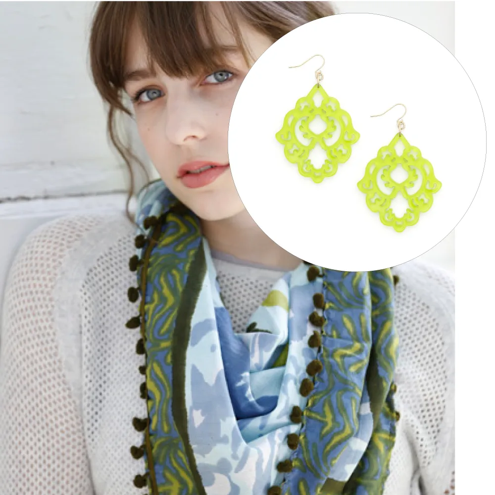 Pom Pom Scarf and Damask Earrings Gift Set