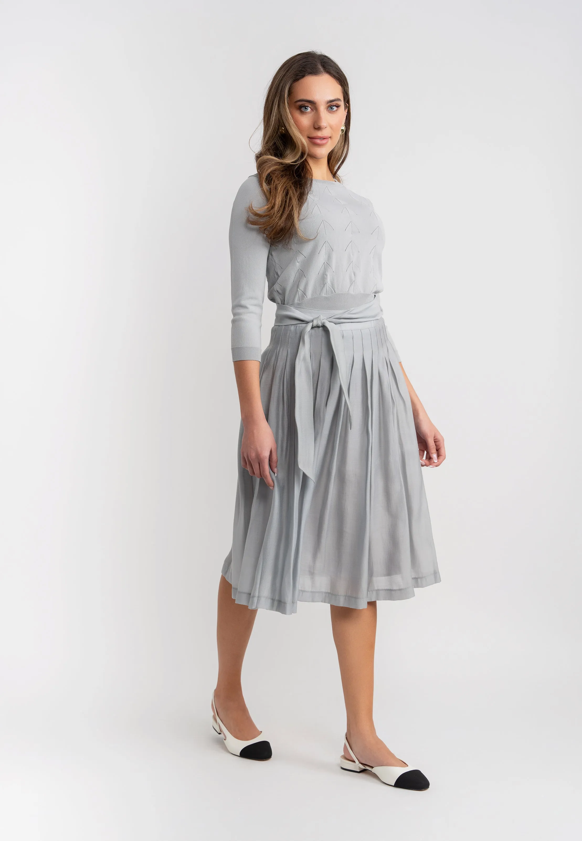 set outfit satin skirt with belt and knit crop sweater - powder blue