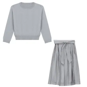 set outfit satin skirt with belt and knit crop sweater - powder blue