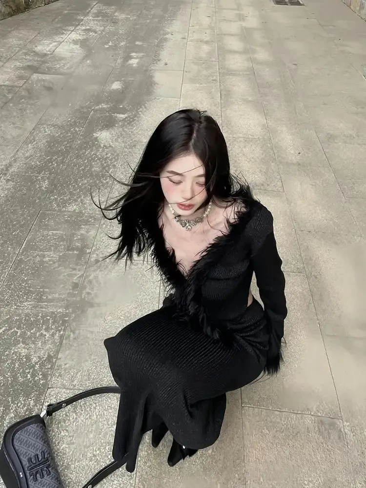 Sexy Gothic Knitted Cardigan with Fur Women Black Cropped Sweaters Y2k Elegant Korean Streetwear Grunge V-neck Tops
