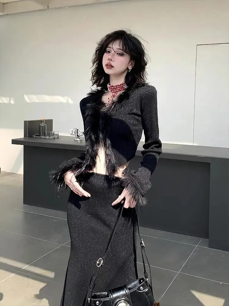 Sexy Gothic Knitted Cardigan with Fur Women Black Cropped Sweaters Y2k Elegant Korean Streetwear Grunge V-neck Tops