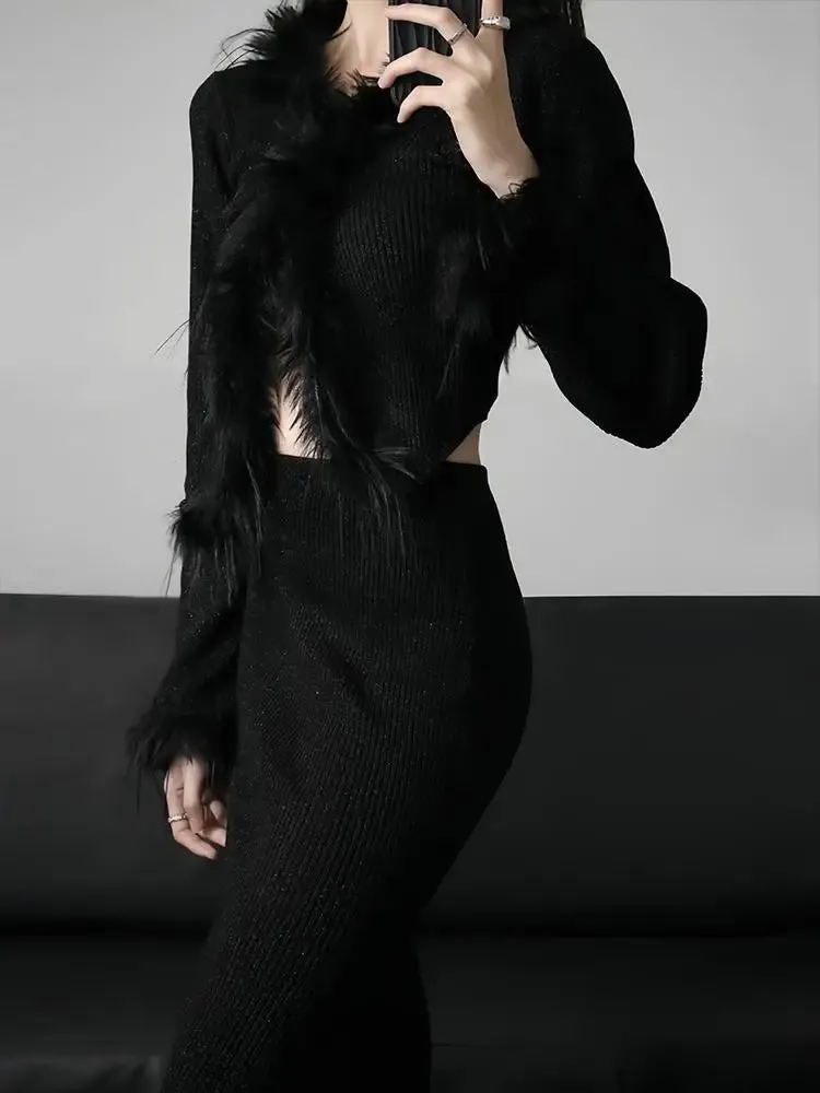 Sexy Gothic Knitted Cardigan with Fur Women Black Cropped Sweaters Y2k Elegant Korean Streetwear Grunge V-neck Tops