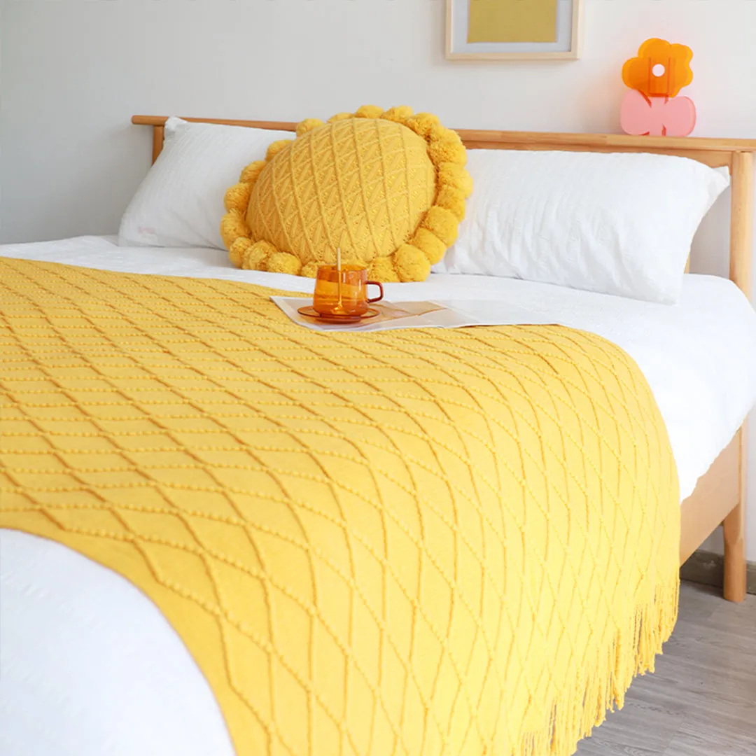 SOGA Yellow Diamond Pattern Knitted Throw Blanket Warm Cozy Woven Cover Couch Bed Sofa Home Decor with Tassels